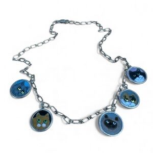 Victor Lee Cat Coin Charm Necklace Silver Limoges Grisaille Enamel RARE Vintage